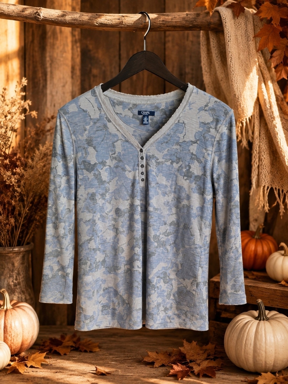 Chaps Women's Blue Floral Henley Long Sleeve Top